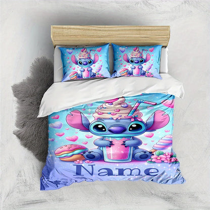 Custom Name Stitch Cartoon Duvet Cover Set 1 Duvet Cover & 2 Pillowcases (No Insert) Personalized Bedding Set for Women Teens