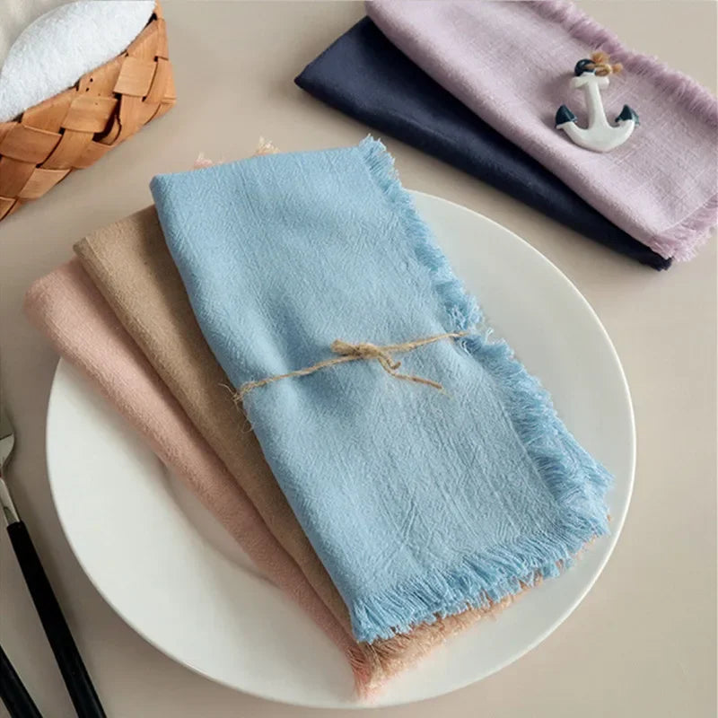 1Pc 45x45cm Solid Color Square Tassel Plain Cloth Cotton Linen Home Kitchen Table Dinner Western Napkin