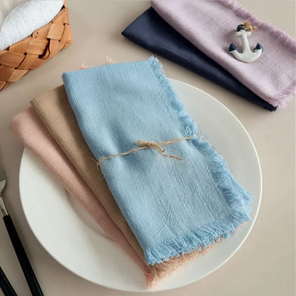 1Pc 45x45cm Solid Color Square Tassel Plain Cloth Cotton Linen Home Kitchen Table Dinner Western Napkin