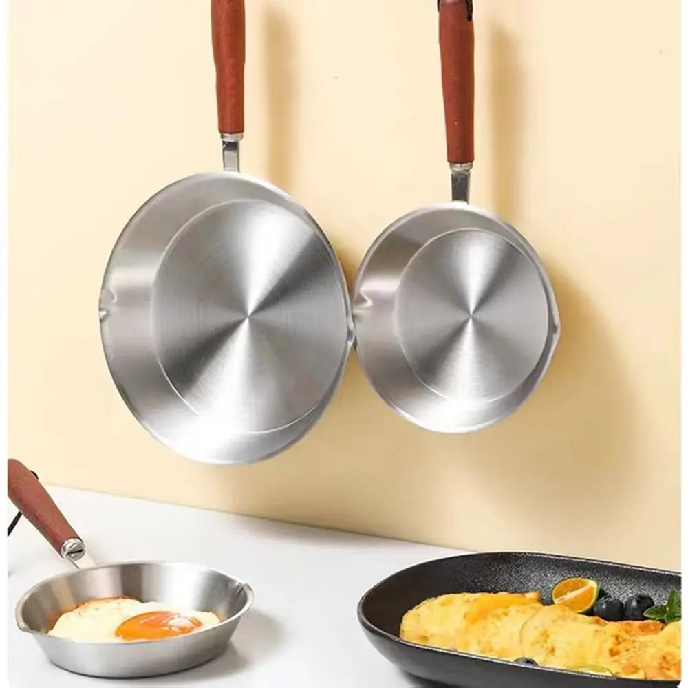 Ovnsikker 304 Rustfritt stål stekepanne trehåndtak flat bunn åpen stekepanne nonstick 12/16cm omelett panne kjøkken kokekar