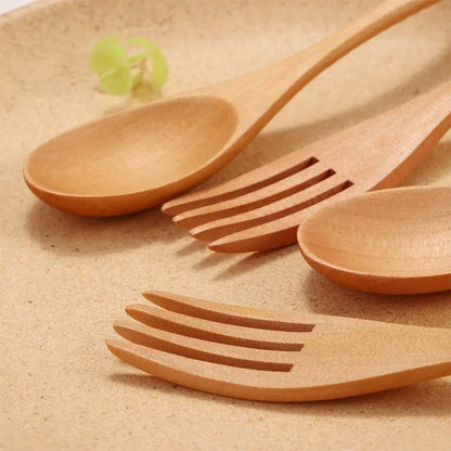 2PCS Wooden Kitchen Supplies Rice Dinner Kit Soups Dinnerware Sets Fork Tableware Spoon DIY