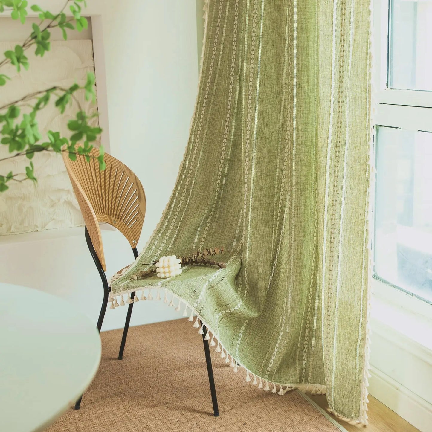 Boho zavjesa za blagovaonicu u spavaćoj sobi kuhinja, boemski elegantni teksturirani vez, vintage ručno izrađene rese dekor, 1 ploča