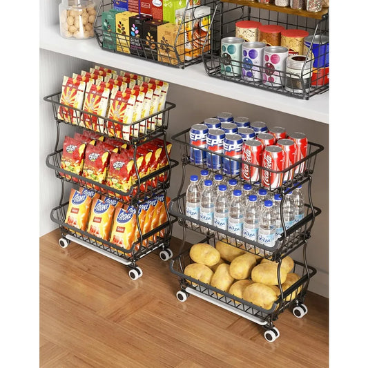 Pantry Floor Organizer and Storage Cart with Wheels, Stackable Wire Pantry Baskets for Pantry Shelves, Kitchen Fruit Basket