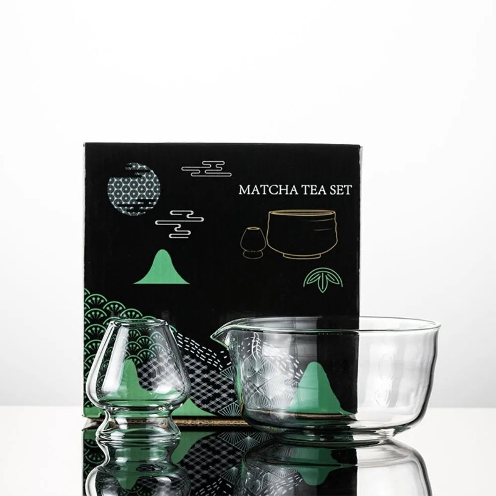 New Textured Matcha Bowl Glass Reusable Japanese Tea Set with Pouring Spout Matcha Making Kit Tea Lovers