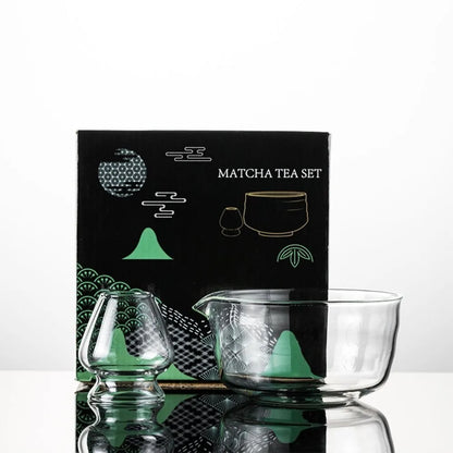 New Textured Matcha Bowl Glass Reusable Japanese Tea Set with Pouring Spout Matcha Making Kit Tea Lovers