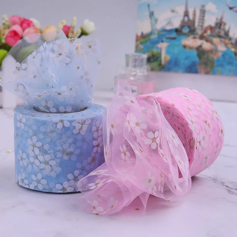 6cm 5yards floret tulle daisy ribbon roll diy χειροποίητα σκάφη στολίδι στολίδι ψήσιμο κερασιών άνθη τυπωμένα πλέγμα υφάσματα