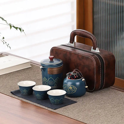 Travel tea set, portable Kung Fu tea set, ceramic teapot, tea can, tea cup, outdoor quick cup, tea can, leather bag packaging