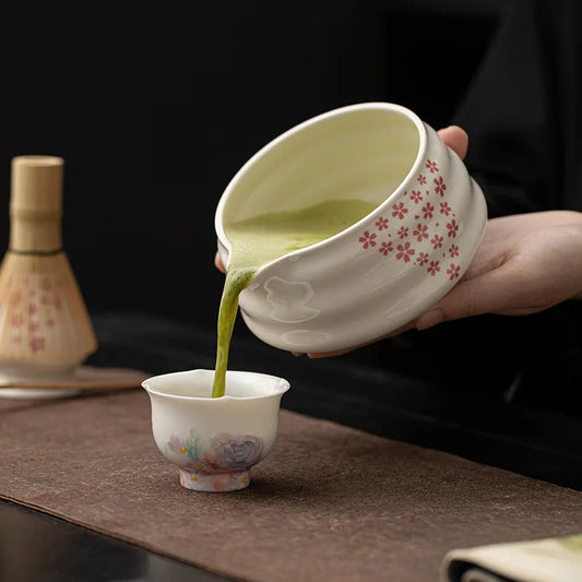 1-8Pcs Matcha sakura Set Japanese Handmade Matcha Teaset Gift Box with Glass Bowl Bamboo Spoon Ceramic Whisk Holder and Sieve