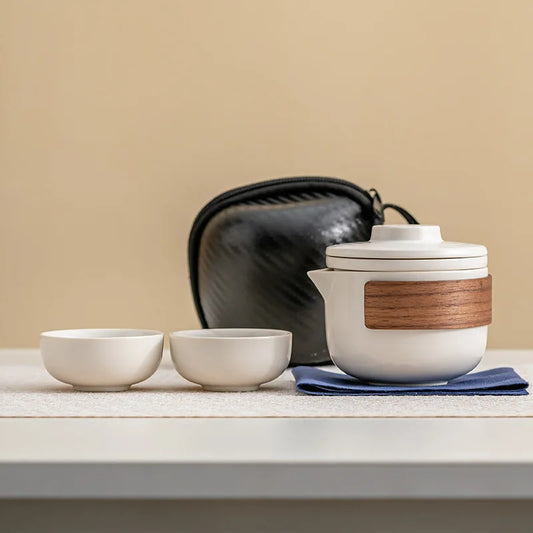 1 set of portable teacup set travel set ceramic kung fu tea set outdoor camping one teapot and two cups of gifts