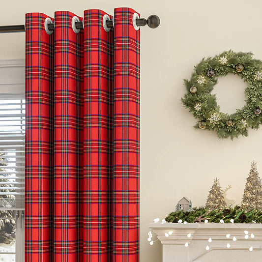 Classic Christmas Plaid Pom Pom Curtains Semi-Blackout for Balcony/Bay Window American Style Decor