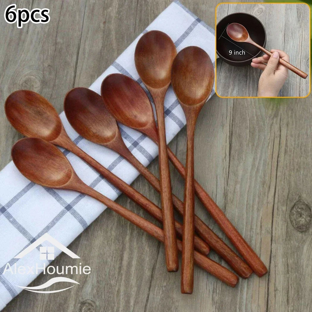 6 pièces en bois cuillère bambou cuisine style coréen 9 '' pouces de la soupe naturelle de table cuit miel à café mixage mixage cuillère