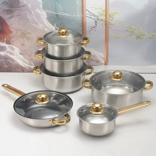 12pcs Eco-Friendly Stainless Steel Kitchen Cookware Set Non-Stick Pots and Pans with Gift Box for Cooking