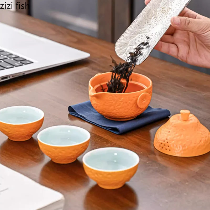 Orange Shaped Travel Tea Set Outdoor Portable Teaware Sets Storage Bag Tea Infuser Teapot Teacup Teas Brewing Utensils