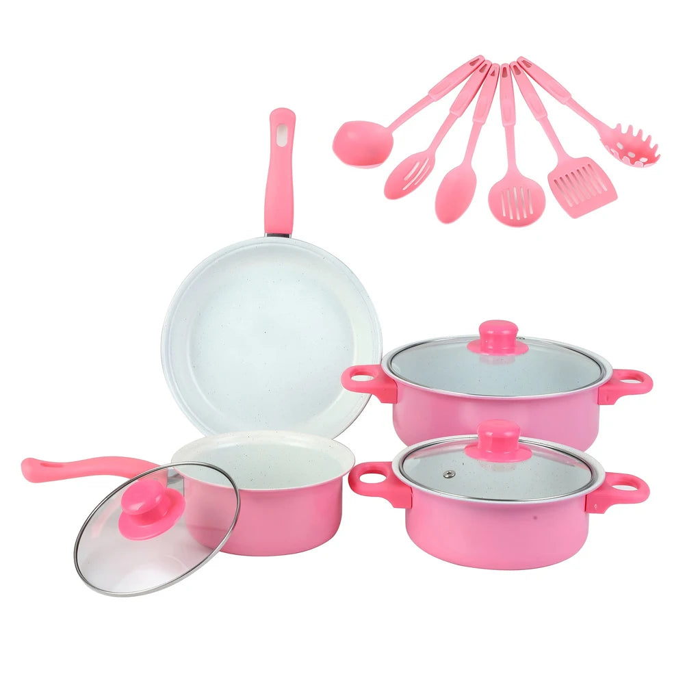 12Pcs Non Stick Cookware Set Cooking Pot with Lid Deep Frying Pan Milk Pot Maifan Stone Frying Pan for All Types of Cooker