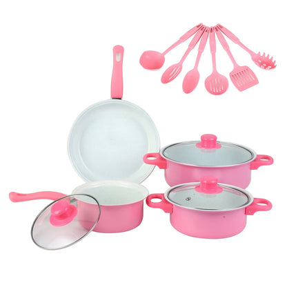 12Pcs Non Stick Cookware Set Cooking Pot with Lid Deep Frying Pan Milk Pot Maifan Stone Frying Pan for All Types of Cooker