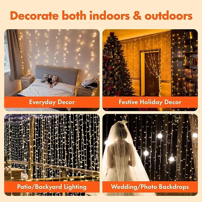 3M LED Curtain String Lights Fairy Decoration USB Holiday Garland Lamp 8 Mode for Home Garden Christmas Party Nyttårs bryllup