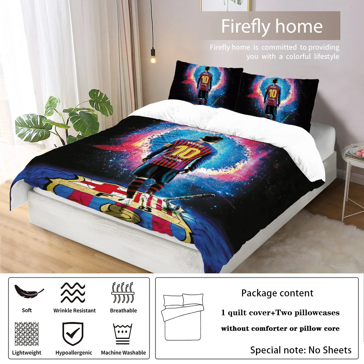 3-piece football star collection (1 down duvet cover+2 pillowcases, no core), personalized bedroom room bedding set