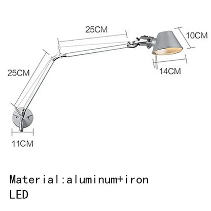 Italian Long Arm LED Wall Lamp Silver Black Metal Bedroom Study Reading Lights E27 Switch Rotatable Adjustable Lighting Decor