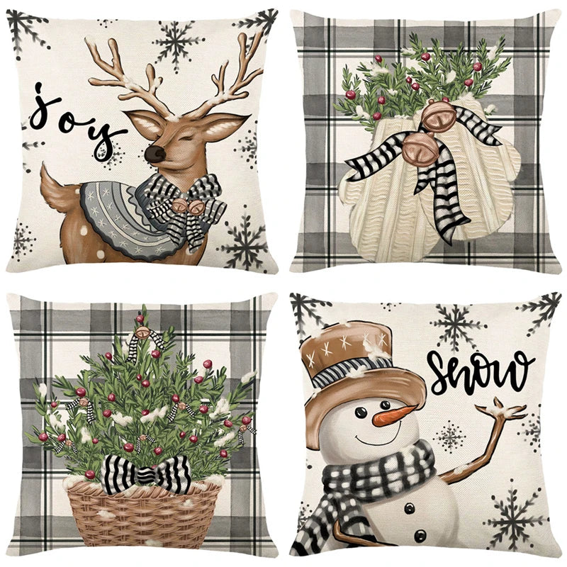 Linnen kerstkussensomslank Sneeuwman elanden kussensloop 2024 Kerstdecoratie voor thuis nieuwjaarsband Cushion Cover 45x45cm