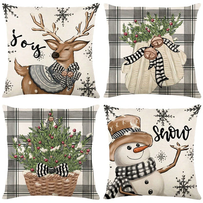 Linnen kerstkussensomslank Sneeuwman elanden kussensloop 2024 Kerstdecoratie voor thuis nieuwjaarsband Cushion Cover 45x45cm