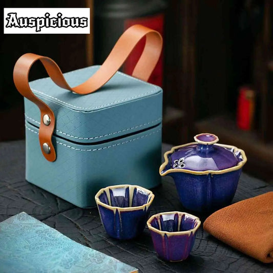 Jun Kiln Celadon Hand-grasp Pot Portable Travel Tea Set Kit Vintage 1 Pot 2 Cups Tea Maker Leather Tote Bag Kung Fu Teaset Gifts
