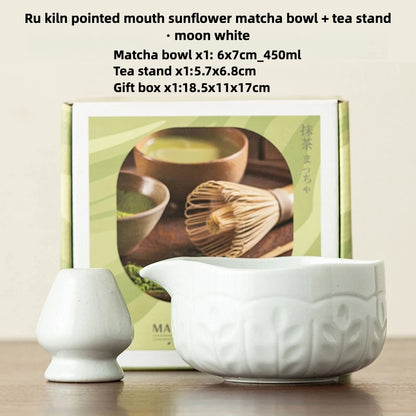 2 Pcs Matcha Set Matcha Whisk Set with Carved Ceramic Matcha Bowl & Carved Matcha Whisk Stand Japanese Tea Ceremony Gift Box