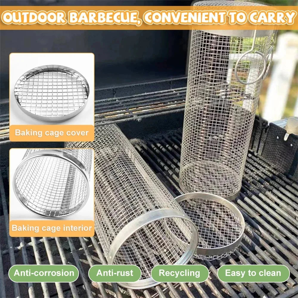 1pc BBQ Cage Rolling rostfritt stål utomhus Grillkorg Grill Mesh Camping Barbecue Rack BBQ Grill Accessories Tool