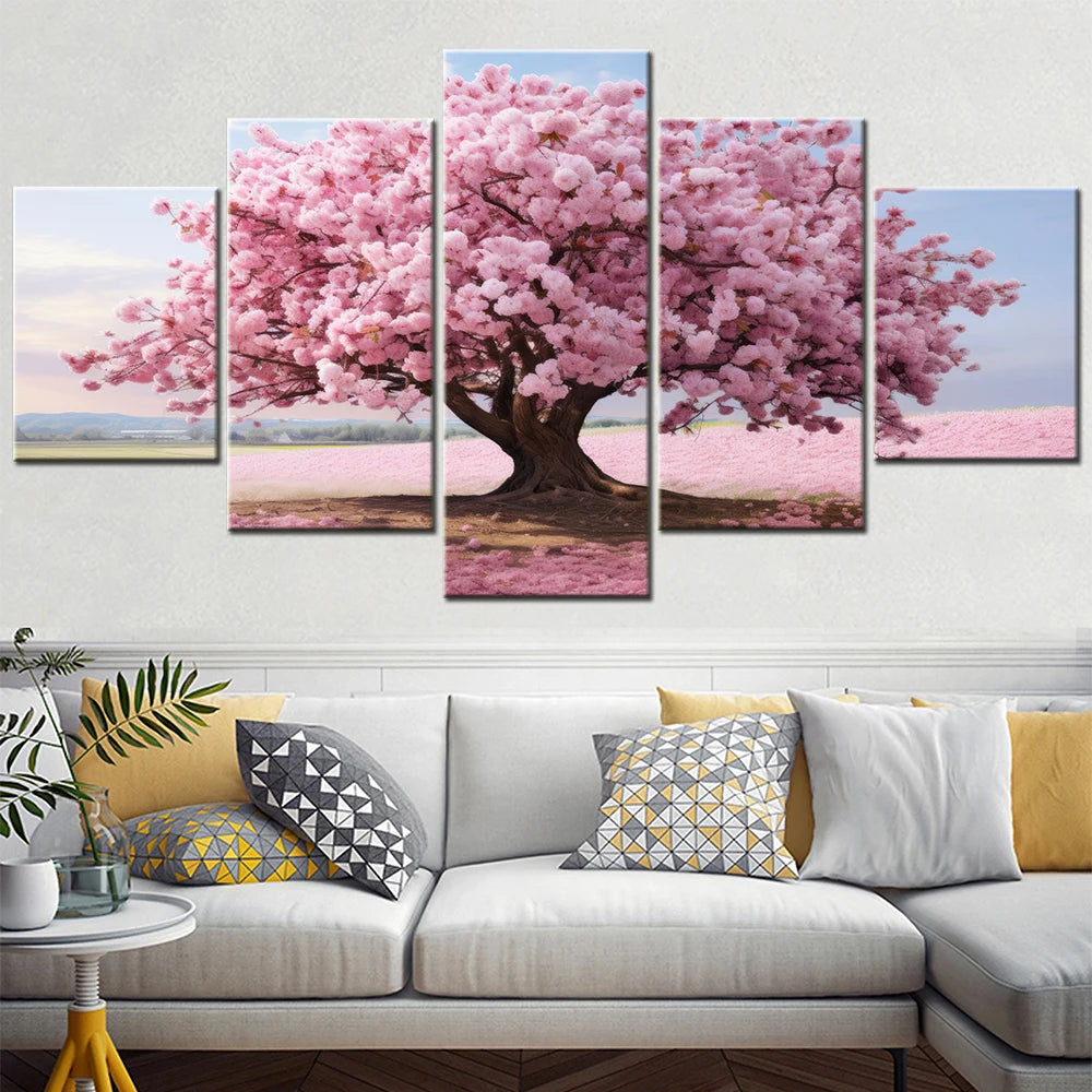 5 Pieces Modular Wall Art Home Decor Canvas Paintings for Interior Pink Tree Flower Picture Modern Room Decoration Framework