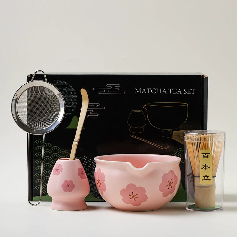 5PCS Flowers Pink Ceramic Bowl Matcha Tea Set Gift Box Safe Bamboo Brush Teaspoon Whisk Holder Matcha DIY-Making Tools ﻿