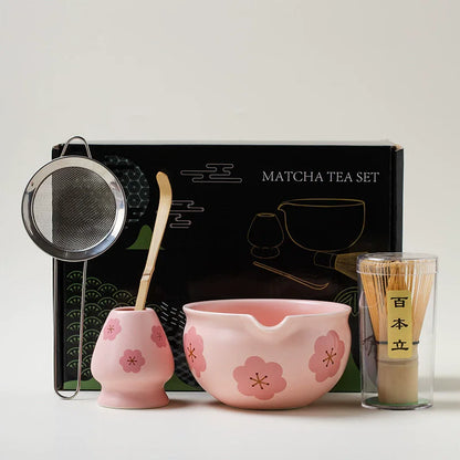 5PCS Flowers Pink Ceramic Bowl Matcha Tea Set Gift Box Safe Bamboo Brush Teaspoon Whisk Holder Matcha DIY-Making Tools ﻿