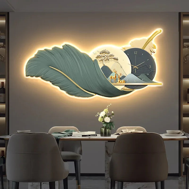 Modern Luxury Wall Clock LED Feather 3d Decorative Painting Large Wall Clock with Light Sofa Background Living Room Decoration