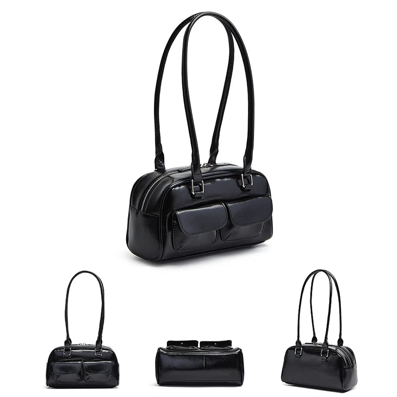 New women's bag fashion niche oil wax leather bowling bag multi-pocket armpit bag commuting handbag single shoulder bag