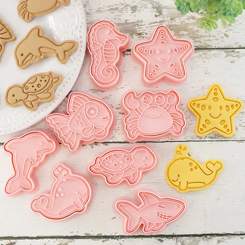8Pcs Sea Animals Cookie Cutters Mermaid Party Baking Cookie Stamp Fish Whale Turtle Shape Biscuit Mold Kitchen Bakeware Tools