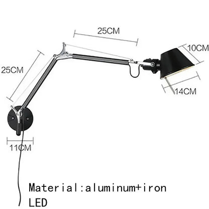 Italian Long Arm LED Wall Lamp Silver Black Metal Bedroom Study Reading Lights E27 Switch Rotatable Adjustable Lighting Decor