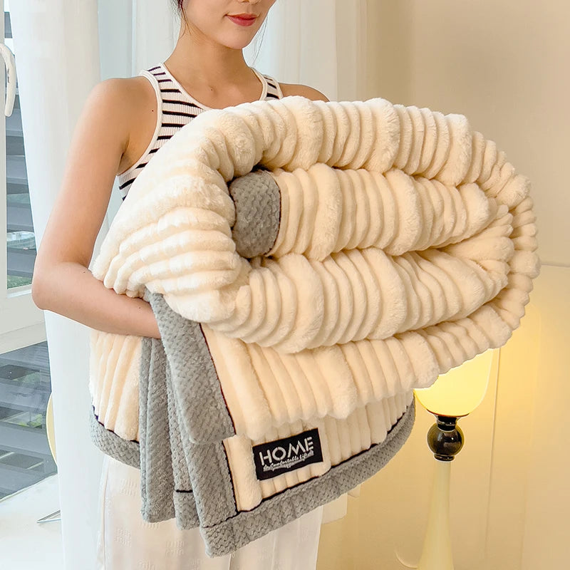Imitation Rabbit Plush Striped Autumn Winter Warm Blankets Soft Fluffy Warmth Sofa Blankets for Throw Napping shawl blanket leg