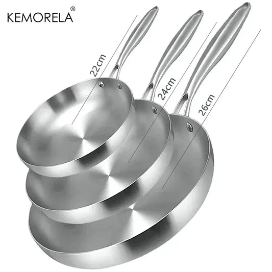 3pcs/set 304 sartén de acero inoxidable sartén antiadherente sartén de bistec sin recubrimiento de cocina de cocina sin recubrimiento para cocción de inducción de estufa de gas