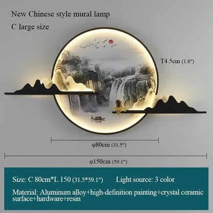 OUTELA Modern Wall Picture Light LED Chinese Creative Circular Landscape Mural Sconce Lamp For Home Living Bedroom Study