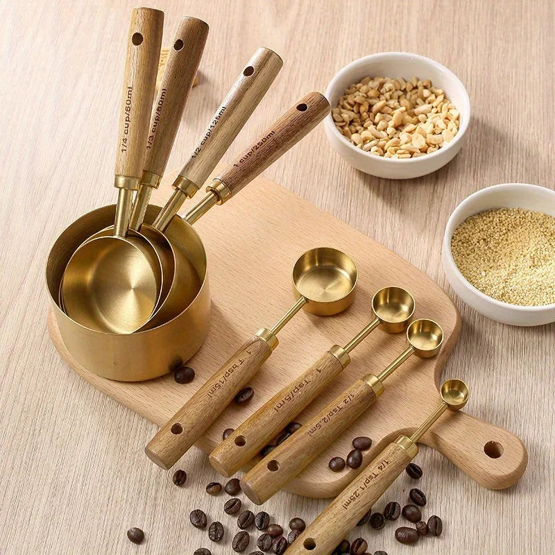 4/8Pcs Wooden Handle Stainless Steel Measuring Cups Spoons Baking Tools Coffee Measuring Spoon Set Bartending Scale Accessories