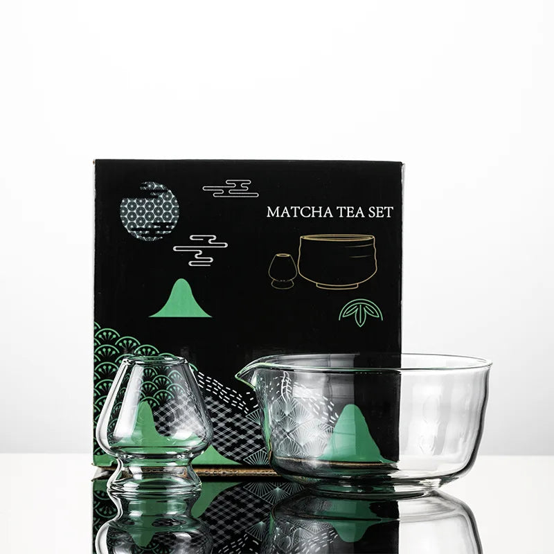 New Textured Matcha Bowl Glass Reusable Japanese Tea Set with Pouring Spout Matcha Making Kit Tea Lovers