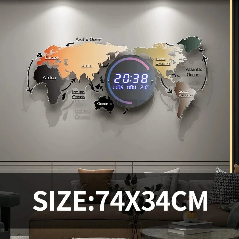 # 74x34cm Wall Decorative Acrylic Digital Wall Clocks Creative World Map Shape Smart Led Clock With Calendar #