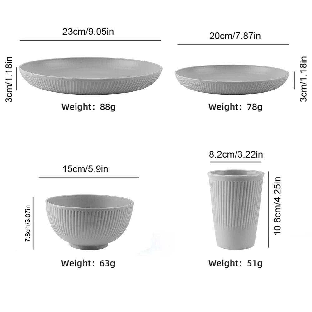 4/16Pcs Grey Straw Cutlery Set Dishes Bowls Disk Water Cup Tableware Plastic Unbreakable Polypropylene Kitchen Dinnerware