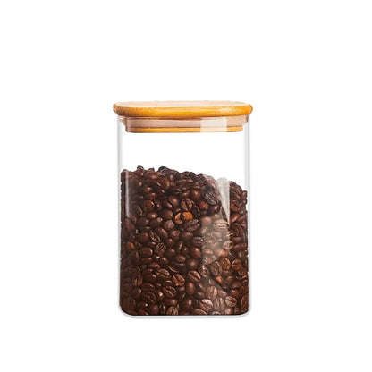 Bocs de rangement en verre carré avec couvercle en bambou pour grains de café nouilles nouilles de rangement alimentaire Conteneurs de cuisine