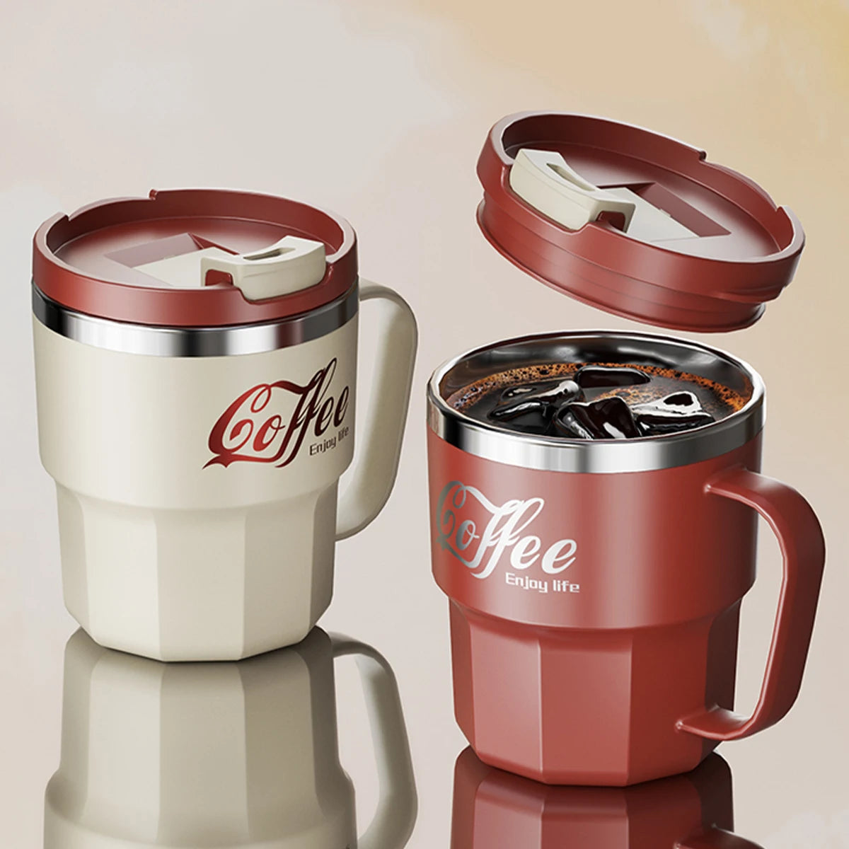 WORTHBUY 400/480ML 304 Stainless Steel Coffee Cup With Lid&Handle Double Layer Coffee Mug Drinkware Reusable Insulated Water Cup