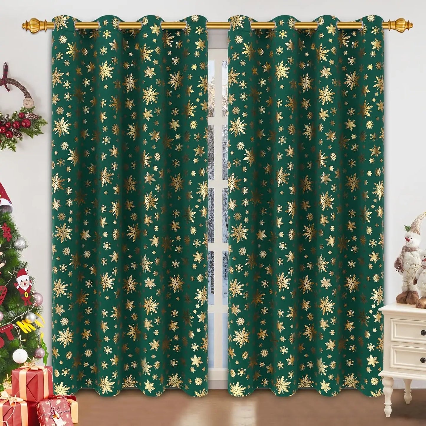 Blackout Christmas Curtains, suitable for living rooms and bedrooms, with gold snowflake foil print.