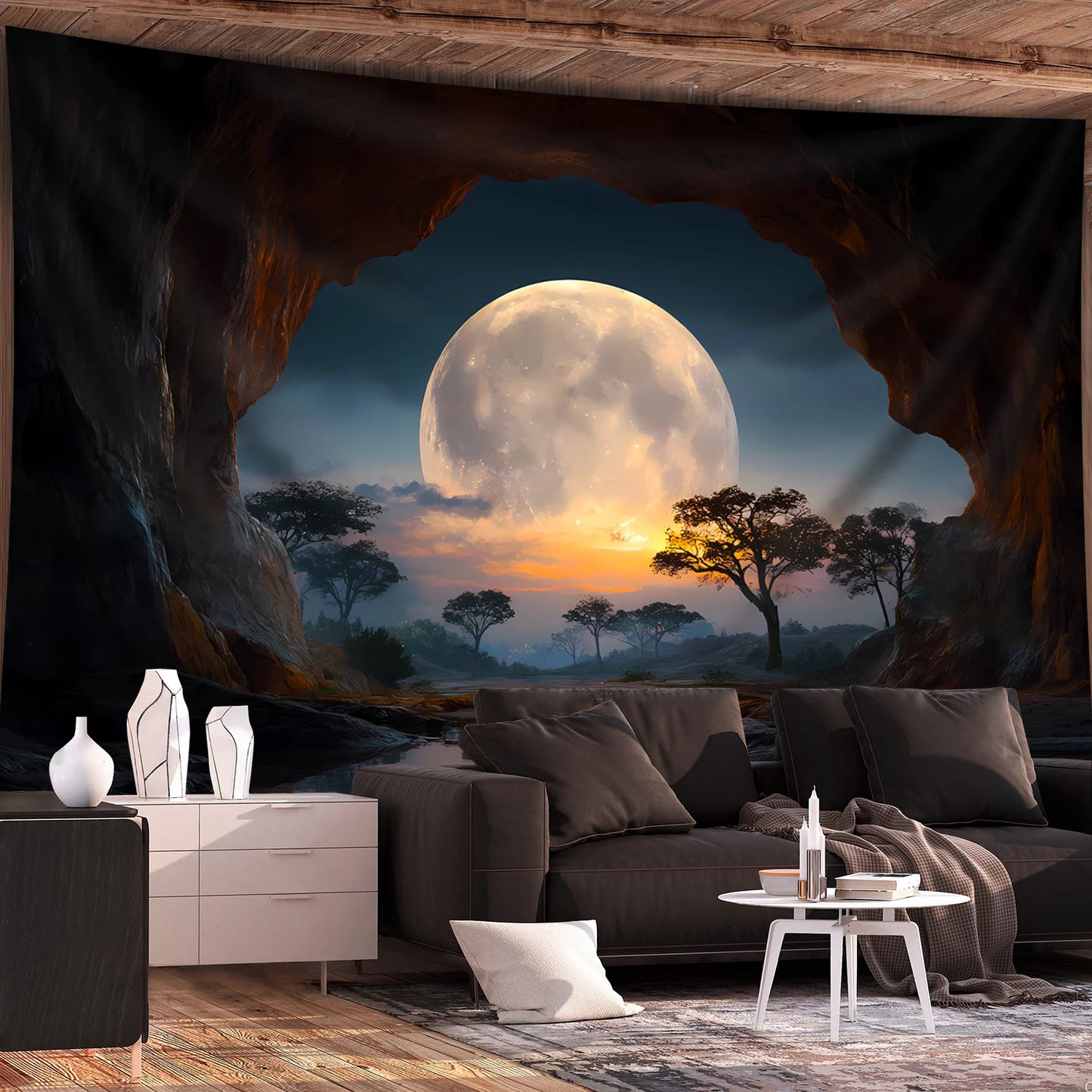 1 piece Tranquil Cave Forest Moon Scenery Tapestry - Polyester fabric, machine washable, suitable for living room, bedroom
