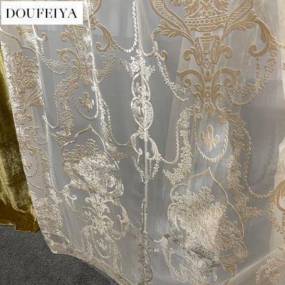 Silk Velvet Foil Stamping Luxury Gold Blackout Curtains for Living Room Bedroom Dining Nature Vertically Custom Size White Tulle