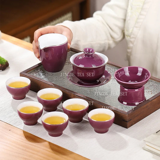 Purple Ceramic Tea Set High End Household Tea Set Office Tea Bowl San Cai Gai Bowl Kung Fu Teaset Accessories Fair Cup