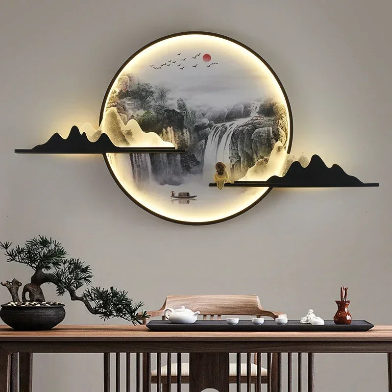 OUTELA Modern Wall Picture Light LED Chinese Creative Circular Landscape Mural Sconce Lamp For Home Living Bedroom Study
