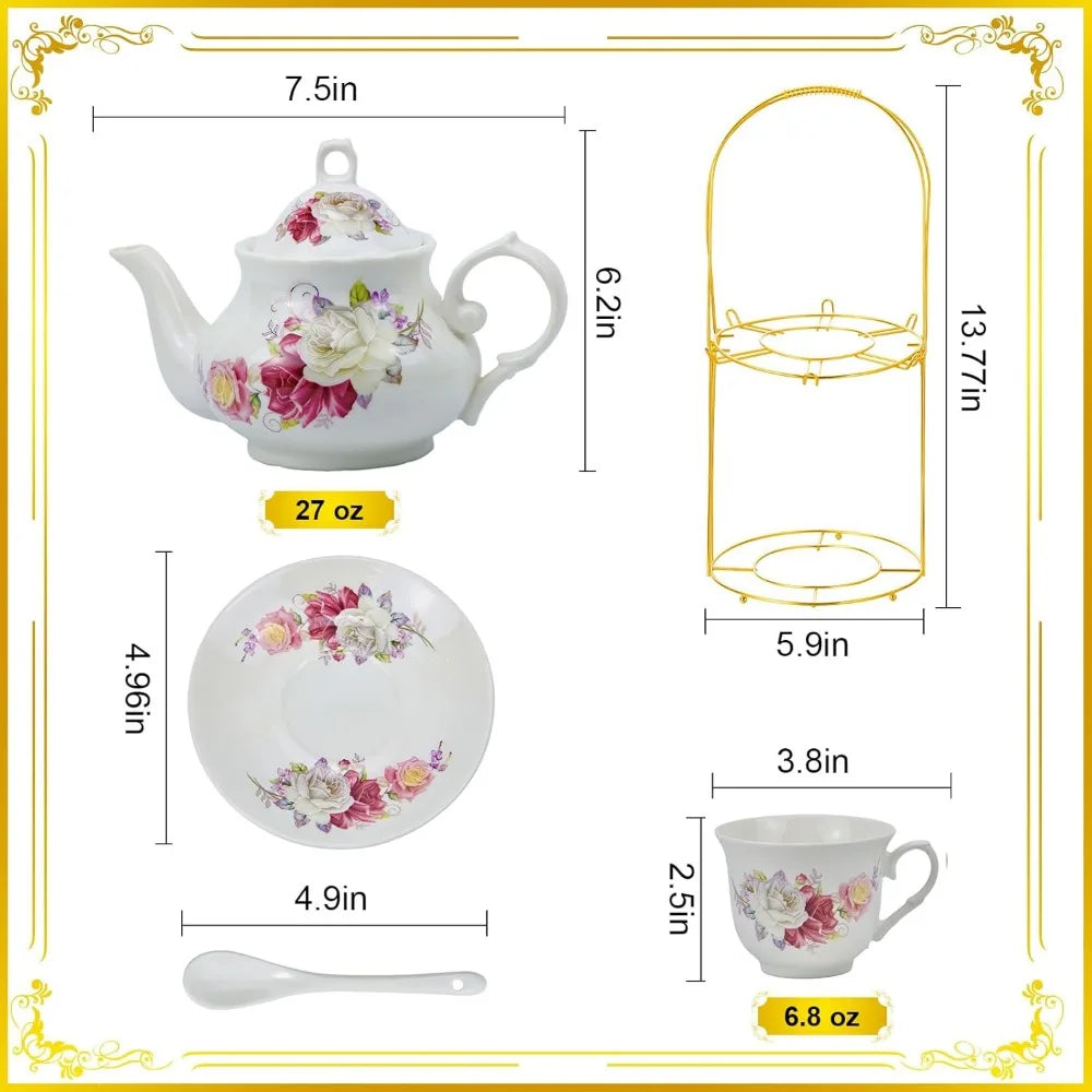 20-piece Bone China Tea Set, Gold Coffee Set, Gold Metal Rack, Home and Party Tea Gift Set (010)
