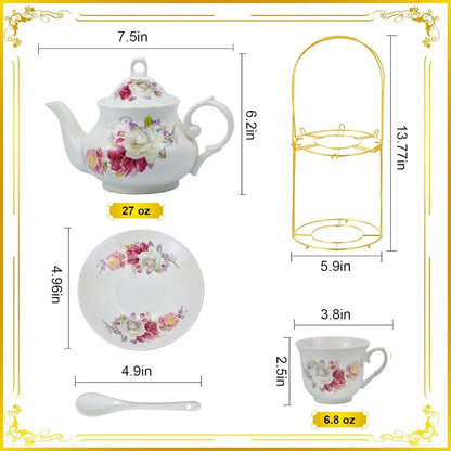 20-piece Bone China Tea Set, Gold Coffee Set, Gold Metal Rack, Home and Party Tea Gift Set (010)